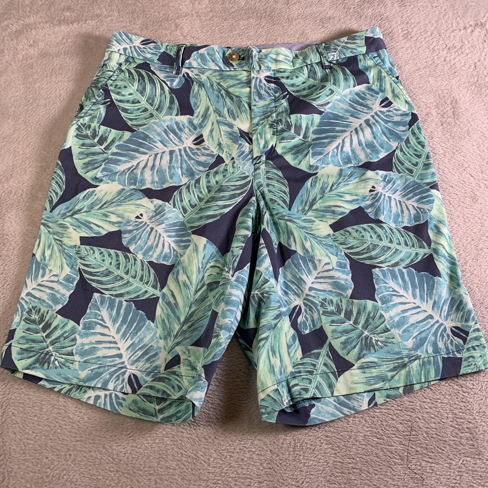 J. McLaughlin Shorts Mens 34 Green Tropical Leaf‎ Chino Stretch 9.5" Inseam NEW